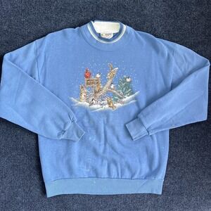 Vintage Morning Sun Sweatshirt Womens Large Blue Winter Retreat Animals 90s